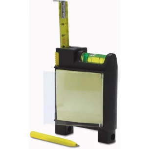 Fita métrica de 2 m, nível de bolha de ar, bloco de notas, caneta - Preto
