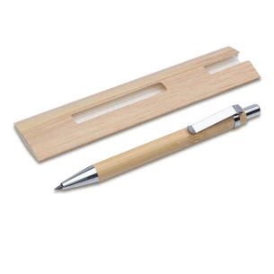 Caneta esferográfica/lápis de bambu de uso duradouro com estojo Lakimus - bege
